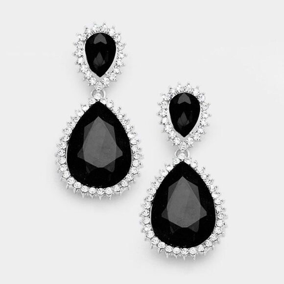 Black Crystal Rhinestone Teardrop Evening Earrings - Picture 1 of 5